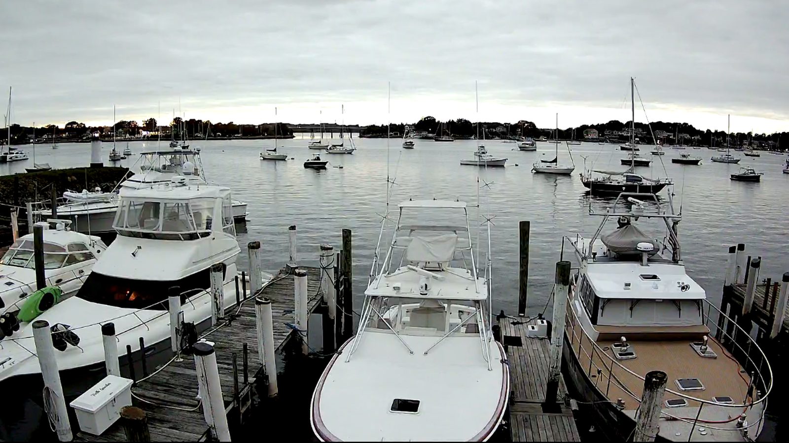 View from the harbor cam: boats in the Standish slips with the mooring field and the Sakonnet River beyond