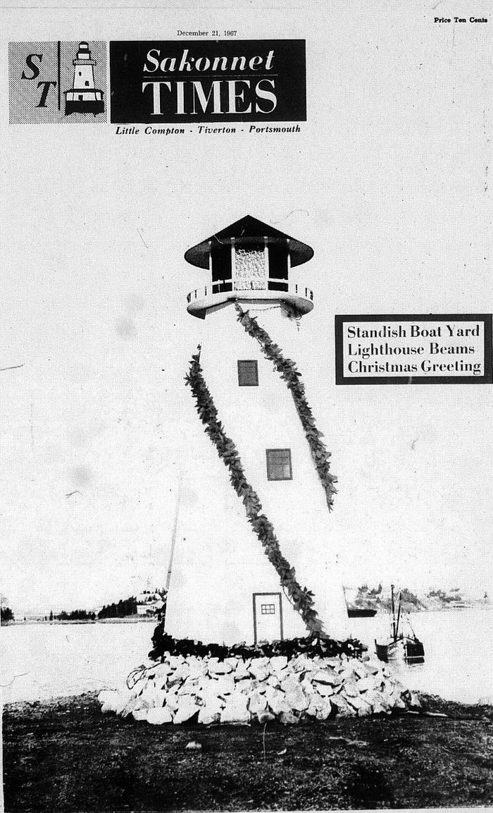 Front page of the Sakonnet Times, December 21, 1967, showing the Standish Boat Yard lighthouse wrapped in Christmas garland