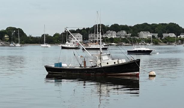 Stanby, the yard's mooring work boat, on her mooring in calm water