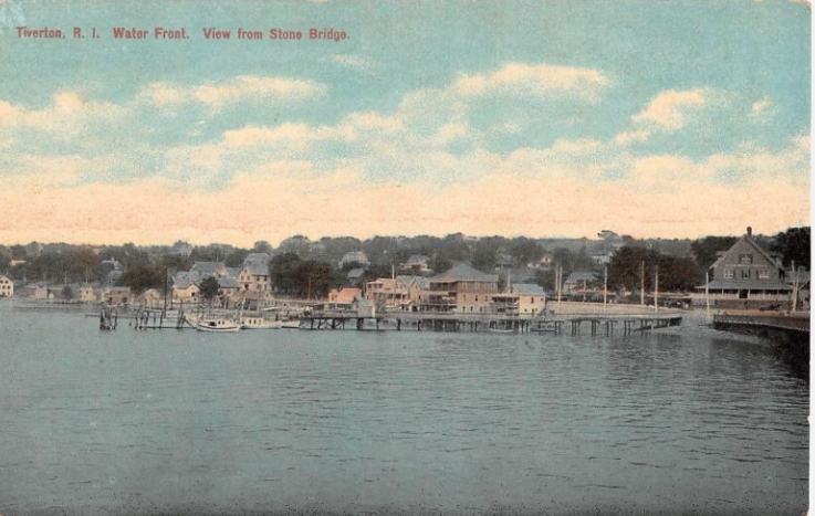 Hand-colored postcard of the Tiverton waterfront seen from the Stone Bridge