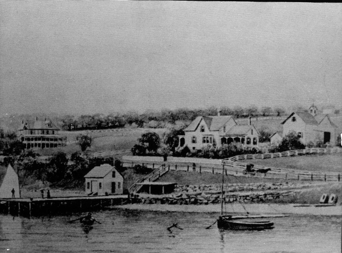 Early drawing of the Tiverton waterfront with a dock, boathouse and sailboat