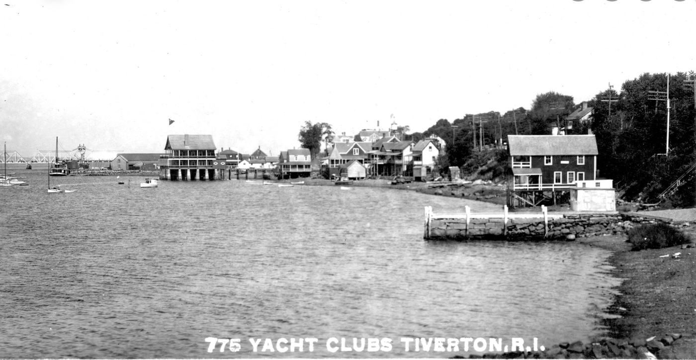 Early postcard titled Yacht Clubs, Tiverton, R.I., showing clubhouses on pilings along the shore