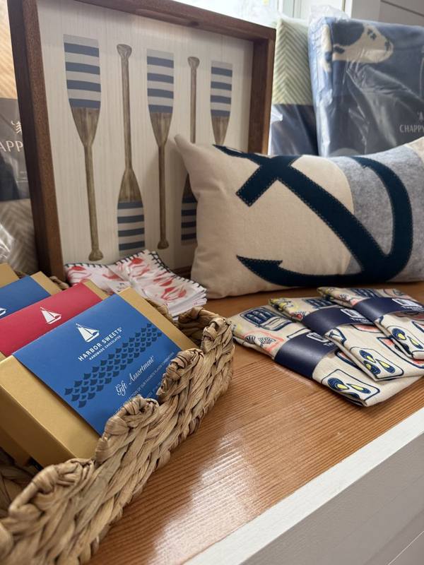Anchor pillow in front of framed oar art