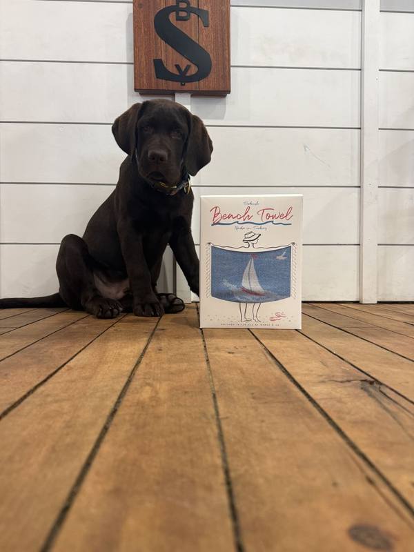 Chip sitting beside a boxed Turkish beach towel with a sailboat design