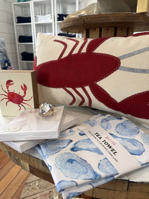 Lobster pillow, crab card and oyster tea towels