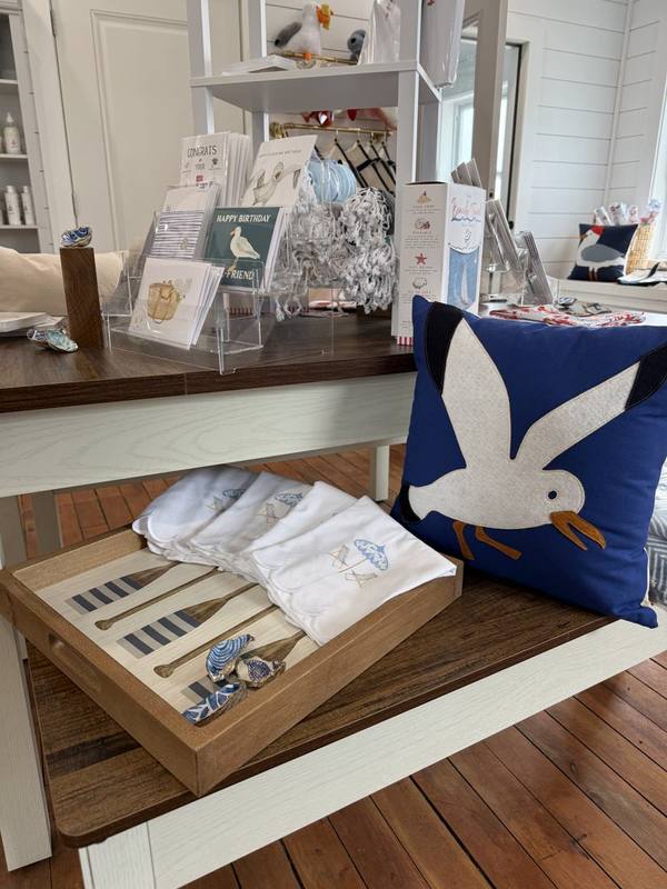 Seagull pillow with cards and linens