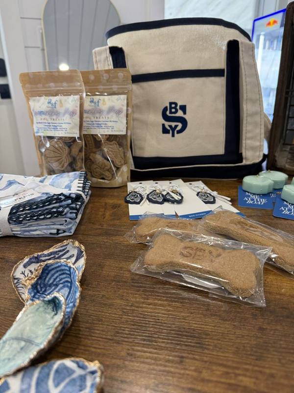 Navy Standish tote with the SBY monogram