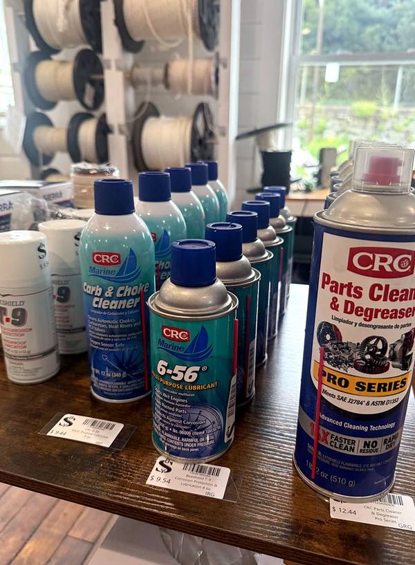 CRC 6-56, carb cleaner and parts degreaser beneath spools of rope